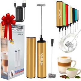 Rechargeable Electric Milk Frother Handheld,2-Speed Travel Frother with Tube Case, Milk Foamer Coffee Frother for Latte, Cappuccino, Drink Mixer with 2 Stainless Whisks and Charger Golden
