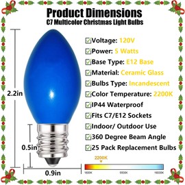 C7 Christmas Replacement Light Bulbs, 25 Pack Multicolor Christmas Light Bulbs E12 Candelabra Light Bulbs, 5 Watt Ceramic Light Bulbs for Indoor Outdoor Christmas Lights Wedding Roof Christmas Decor