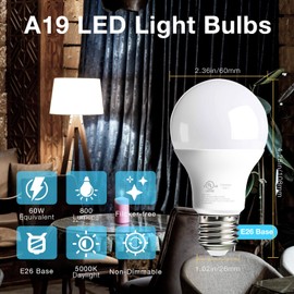 dalattin 10 Pack LED Light Bulbs A19 E26 60 Watt Equivalent Daylight White 5000K Lightbulbs Bright Indoor Standard 120v 60hz 800 LM Non-Dimmable 80+ CRI UL Listed