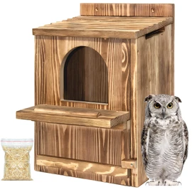 Large Owl House with Wood Shavings- Durable Carbonized Pine Wood Owl Box for Outdoors, Barred and Screech Bird Nesting Box, Easy Clean & Ventilated Design, Ideal for Barn Bird Roosting