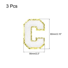 MECCANIXITY Chenille Letters C Patches Large Size 80mm/3.15 Inch Iron-on Letters C Patches Golden Glitter Embroidered Patches for Clothing, Shoes, Hats, Backpacks Pack of 3(White)