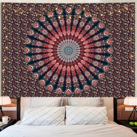 Simpkeely Indian Mandala Floral Tapestry, Hippie Bohemian Peacock Handmade Psychedelic Wall Hanging Decorative Tapestries for Bedroom, Living Room - 130 x 150 cm - Red