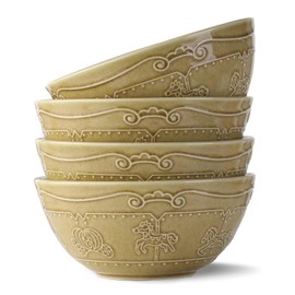 WALZION Cereal Bowls Set for Kitchen,Set of 4, 26 oz Ceramic Soup Bowls with Texture Patterns for Soup, Fruits,Noodle,Chip. Modern Kitchen Bowls House-warming Gift (yellow)