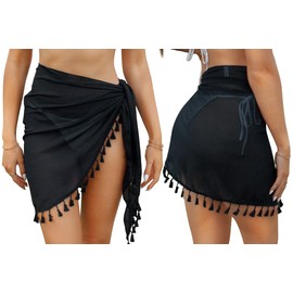 Aiseyi Sarongs for Women Beachwear Chiffon Beach Wrap Sarong Wrap Sarong Skirt Beach Cover Skirt with Fringes Black 2PCS