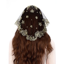 Bozidol Catholic Chapel Mantilla Veil Spanish Church Veil Lace Head Covering for Religious Christian Prayer (Black-Gold)
