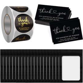 620-Piece Thank You Cards and Stickers Set for Supporting My Small Business with Resealable Packaging Bag – Retail Store Package Supplies for Business Owners and Sellers (Black)