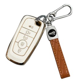 Key Fob Cover for Ford F150 5 Buttons Soft TPU with Leather Keychain Key Fob Remote Case Fit for Ford Bronco Sport Edge Escape Expedition Explorer F150 Lightning F250 F350 F450 Fusion Hybrid丨White