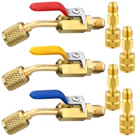 Mudder 7 Pcs Air Conditioning Refrigerant Compact Ball Valve 1/4 Inch for R410A R134A R12 R22 HVAC Adapter 5/16Inch Female to 1/4Inch Male Flare (3 Angle Ball Valve, 4 Straight Adapter)