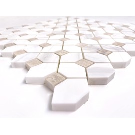 Tenedos TDMS-BDCD-105 Bianco Dolomite with Beige Square Dots Diamonds Pattern Polished Marble Mosaic Floor and Wall Tile for Bathroom, Bathroom, Kitchen Backsplash - 5 Sheets (5 Sq.Ft.)