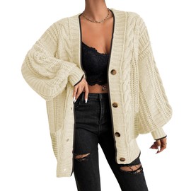 Cakulo Womens Oversized Chunky Cable Knit Cardigan Sweaters 2025 Fall Open Front Button Women Cardigans Pocket Brown White M