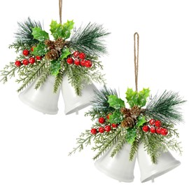 Tioncy Christmas Bell Hanging Ornaments 8.7" Large Rustic Christmas Metal Bell Decoration Xmas Hanging Decorative Bell with Christmas Red Berry for Christmas Wreath Tree Door Decor(White,2 Pcs)