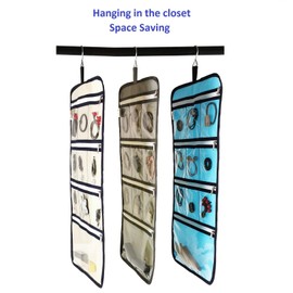 ANIZER Hanging Jewelry Organizer with 10 Zippered Clear Pockets for Travel Suitcase and Home Closet Jewelry Storage Bag (BLUE)