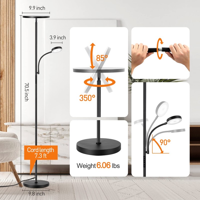 OUTON LED Floor Lamp, 27W/2400LM Modern Torchiere Lamp & 7W/
