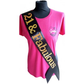 21st Birthday Sash - 21 & Fabulous - Black Ribbon/Gold Font