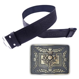 Kilt Belt and Buckle Set - Scottish Thistle Design/Leather Kilt Belt Thistle Embossed Handmade/Celtic Knot Kilt Belt with Buckle Antique (Brass Antique, XL)