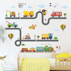 DECOWALL SG-2107 Construction Transportation on The Road Kids Wall Stickers Decals Peel and Stick Removable for Nursery Bedroom Living Room Art murals Decorations