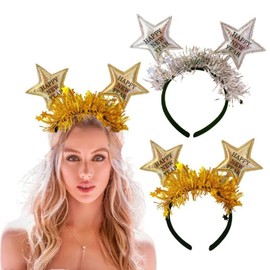 Losuya Pack of 2 Happy New Year Headband with Star Boppers Gold Silver 2025 New Year Headband Headwear Party Decorations