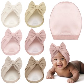 Bunnycool 6 Pcs Newborn Satin Bonnet for 0-6 Months Silky Satin Lined Stretchy Baby Turban Hats Durags with Bow Cotton Beanie Cap Bonnet for Newborn Baby Girl Boy Infant Toddler Kid