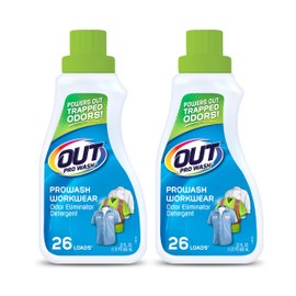OUT ProWash Workwear Stain Remover Laundry Detergent and Odor Eliminator, Great for Work Clothes, Uniforms, Active Wear, and More, Made in the USA, 22 Ounce Bottle, 2-Pack