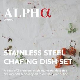 ALPHA LIVING 70012-R Dish Set of 2 – Complete Stainless Steel Chaffe Set with Glass Lids, Chafing Fuel Holder – Elegant and Practical Warmer Trays for Buffet, Wedding, Catering Supplies