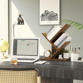 YMYNY 2 Tier Tree Bookshelf, Small Bookcase, Modern Wood Book Storage Rack Organizer, Freestanding Book Shelf for Books/Movies/CDs, Display Rack for Bedroom, Home Office, Rustic Brown UHBC012H