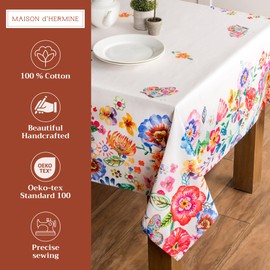 Maison d'Hermine Table Cloth Rectangle Table 100% Cotton Tablecloth for Dining, Farmhouse, Home, Hotel & Wedding - Gifts for Mothers Day Spring & Summer (Happy Florals - High Summer, 140cm x 180cm)