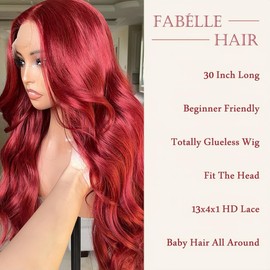 FABÉLLE Soft Red Lace Wig with Wavy Hair for Women, Pre-Stretched Synthetic Lace Wig, 28 Inch Density, 13 x 4 x 1