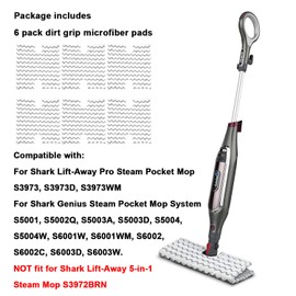 Extolife 6 Pack Steam Mop Pads Replacement P184WQ for Shark Genius Steam Mop S5003D & Lift-Away Pro Steam Mop S3973 S3973D S3973WM S5001 S5002Q S5003A S5004 S5004W S6001W S6001WM S6002C S6003D S6003W