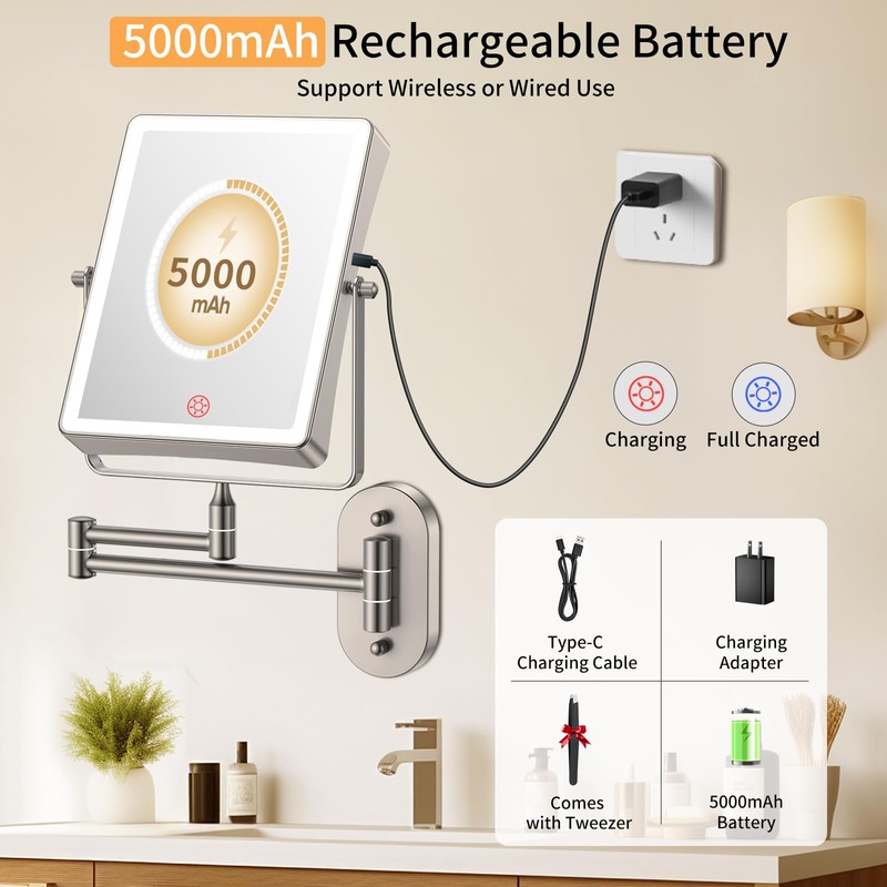 FUNTOUCH 5000mAh Rechargeable Wall Mounted Makeup Mirror with Lights