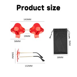 MEMOFYND 1 Piece Rimless Mushroom Sunglasses, 1 Storage Bag, Rave Party Glasses, Fashion Sun Protection Sunglasses, Irregular Lens, Unisex (Red)