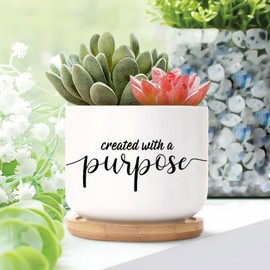 DecStic Created with A Purpose Planters Ceramic Bible Verse Round Plant Pot with Drainage Holes and Bamboo Tray Pot for Pots Outdoor Indoor Plants
