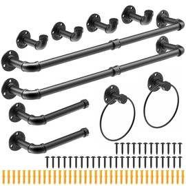 NiHome 10PCS Industrial Pipe Bathroom Towel Bar Set, 2 25" Wall Towel Bars, 2 Towel Rings, 2 Toilet Paper Holders, 4 Robe Hooks, Sturdy Wrought Iron Construction and Black-Coated Rust-Proof Finish