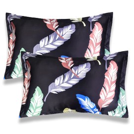 100% Luxury Satin Pillowcases, Queen (20"x30") Standard Size Good for Hair and Skin, Leaf-Pattern Soft Luxury-Feeling Envelope Pillow Cases, Set of 2 (Black)