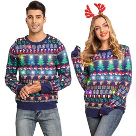 Belovecol Mens Light Up Xmas Sweater Funny LED Printed Crew Neck Jumpers Christmas Pullover Knitted Festival Christmas Tree Snowflakes Sweater Tops XL