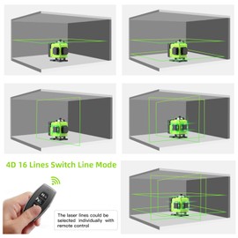 16 Lines Laser Level 360 Self Leveling, 4x360° 4D Green Beam Cross Line Lazer Level with 2 Batteries,360°Horizontal/Vertical Line Laser Remote Control for Tiling Floor Construction and Picture Hanging