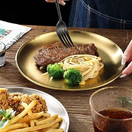 Hbluefat 4 PCS 12 Inch Gold Brushed Stainless Steel Plate,Round Metal Dinner Plates,Kitchenware Dinner Dishes Serving Tray Camping Plates for BBQ,Snack,Steak,Food Serving,Dishwasher Safe (Golden)