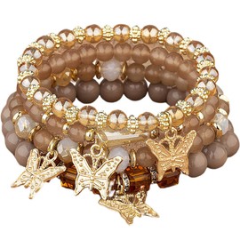 Azusa Sun 4 Pcs Cute Butterfly Charm Coffee Bracelets Set Gold Beaded Stackable Stretch Bracelets Bohemian Summer Jewelry Gifts for Women