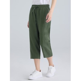 Weintee Women's Linen Crop Pants Capris with Pockets 2X Olive