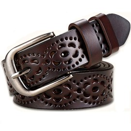 Women's Belt Hollow Flower Genuine Leather Belt for Jeans Pants with Alloy Buckle Brown 43inch (110cm)