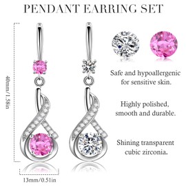 ankbrats 2 Pairs Silver Teardrop Earrings for Women, Infinity White Gold Tone Dangle Drop Earrings with White and Pink Cubic Zirconia, Hypoallergenic Boho Dangling Earrings Set Gift for Women