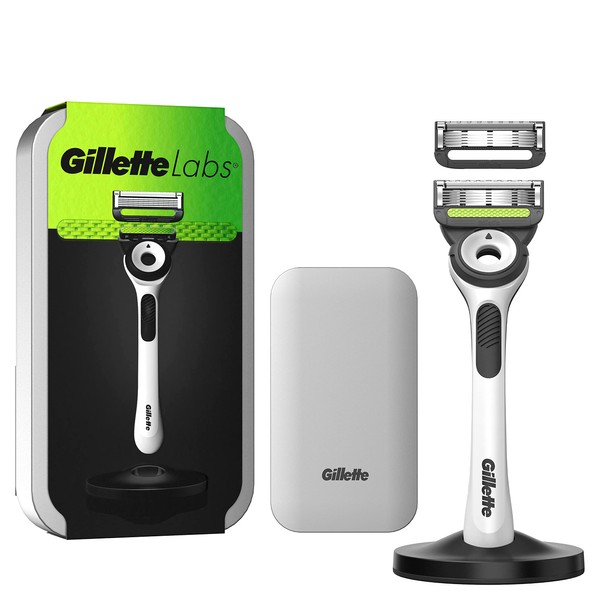 Gillette Labs Exfoliating Razor White Handle, 2 Blade Refills, Travel Case and Stand