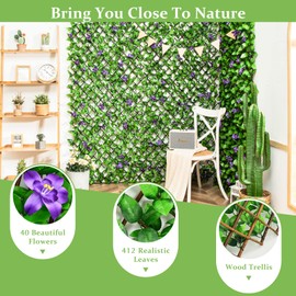 Giantex 4PCS Expandable Fence with Leaves, 6.5ft Privacy Screen Decorative Faux Ivy Fencing Panel for Balcony Patio Deck Backdrop, Outdoor Artificial Hedge Screen (4, Green Leaves & Purple Flowers)