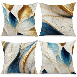 BCKAKQA Cushion Covers 45cm x 45cm Set of 4 Blue and Gold Decorative Throw Pillow Covers 18x18 inches Linen Square Throw Pillow Cases for Bedroom Living Room Sofa Couch Bed Pillowcases