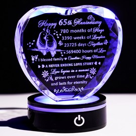 YWHL 65th Wedding Anniversary Crystal Heart Gifts for Parents Couples with LED Base Laser Engraved Happy 65 Years Anniversary Keepsake Gift for Husband Wife 65 Years of Marriage Gifts for Her Him