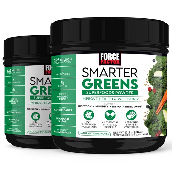 Force Factor Smarter Greens Superfoods Powder, 2-Pack, Greens Powder with Probiotics, Digestive Enzymes, Antioxidants, Fiber, Superfood Powder to Support Digestion, Immunity, Energy, 60 Servings