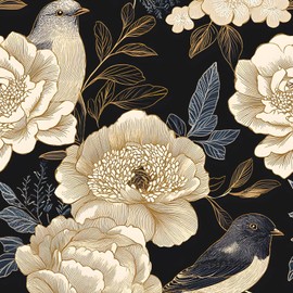 Fvlow Vintage Dark Black/Gold Peel and Stick Wallpaper Floral Bird Wallpaper Black Flower Peony Contact Paper Removable Self-Adhesive Wallpaper Navy Leaf Wall Paper for Bedroom Cabinet 118" x 17.5"