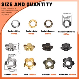Tanstic Flower Eyelet Grommets Metal Eyelets Grommets Flower Shaped Eyelets for Clothes Bag Belt (Gold, Silver, Black, Bronze)