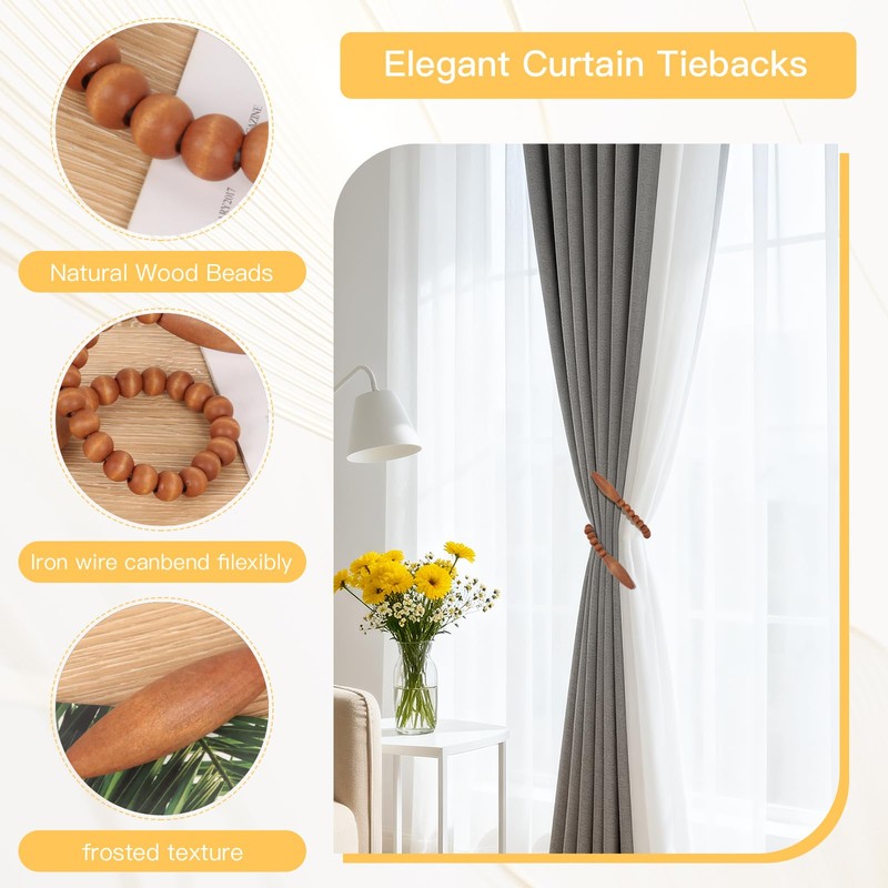 Wood Bead Curtain Tiebacks 2 Pack, Boho Curtain Holdbacks, Coffee