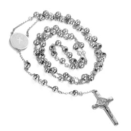 Flongo Men's Women's Vintage Stainless Steel Jesus Christ Crucifix Cross Rosary Silver Beads Pendant Necklace, 29 inch Chain