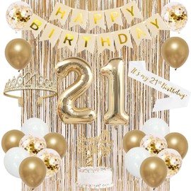 Trgowaul 21st Birthday Decorations for her, Champagne Gold Happy 21st Birthday Decorations for Girls, Banner, 21st Birthday Sash and Crown, 21 Birthday Banner, 21 Year Old Birthday Party Supplies ﻿
